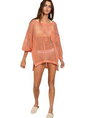 POL Open Knit Coral Relaxed Pullover Coverup Sweater Pocket Womens Size Small